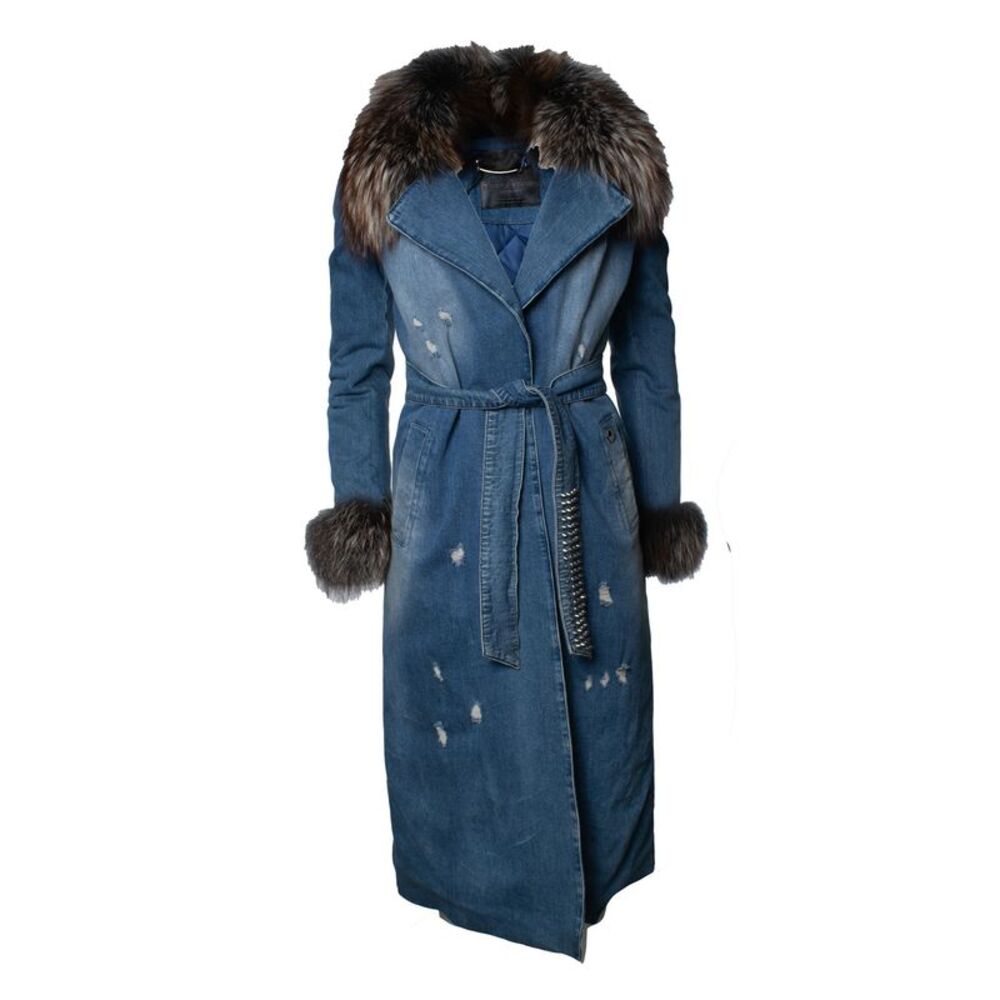 Philipp Plein, denim trench coat with fur collar